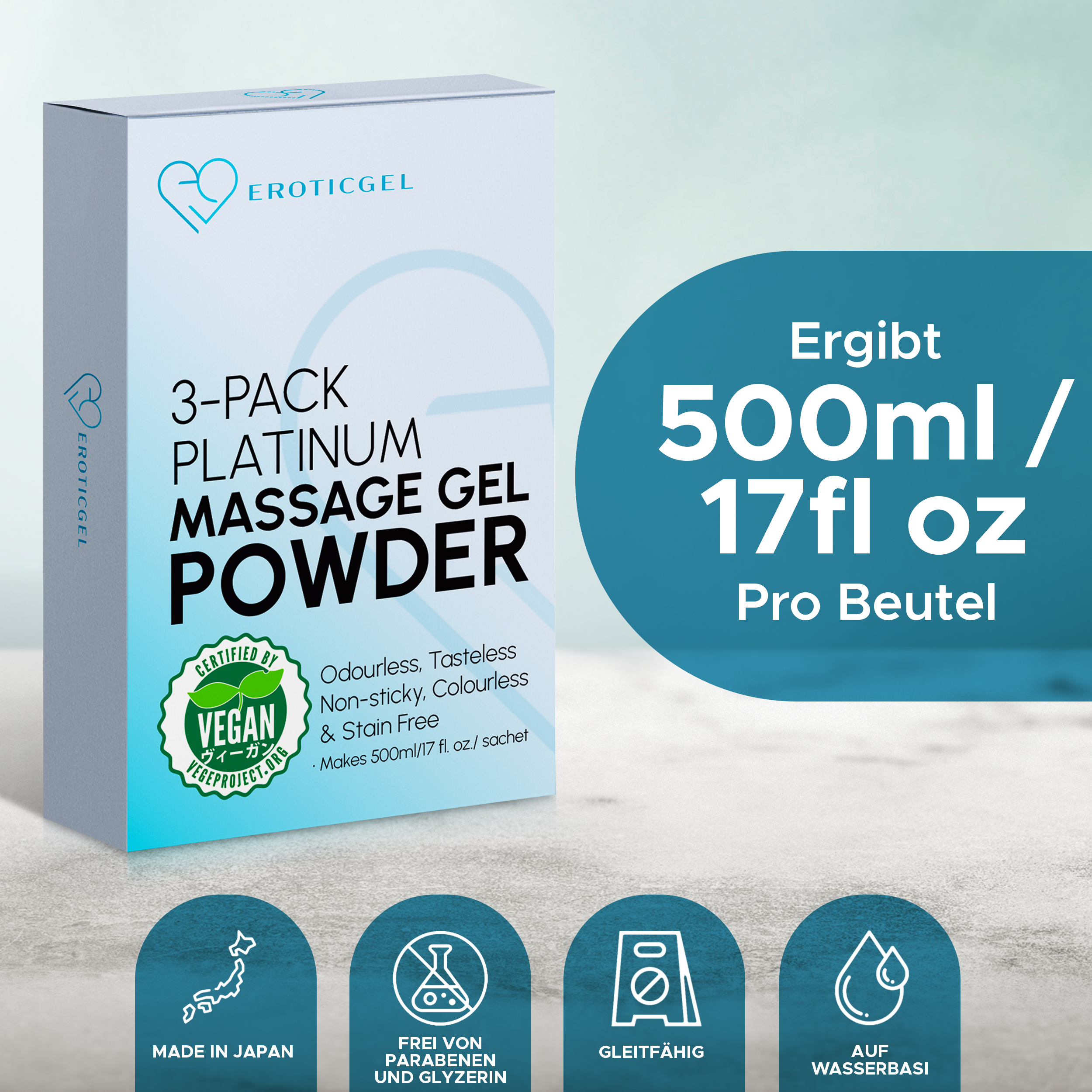 EROTICGEL «Platinum Massage Gel Powder» Travel Pack, japanisches Massagegel-Pulver aus natürlichen Inhaltsstoffen, 3x5g (12)